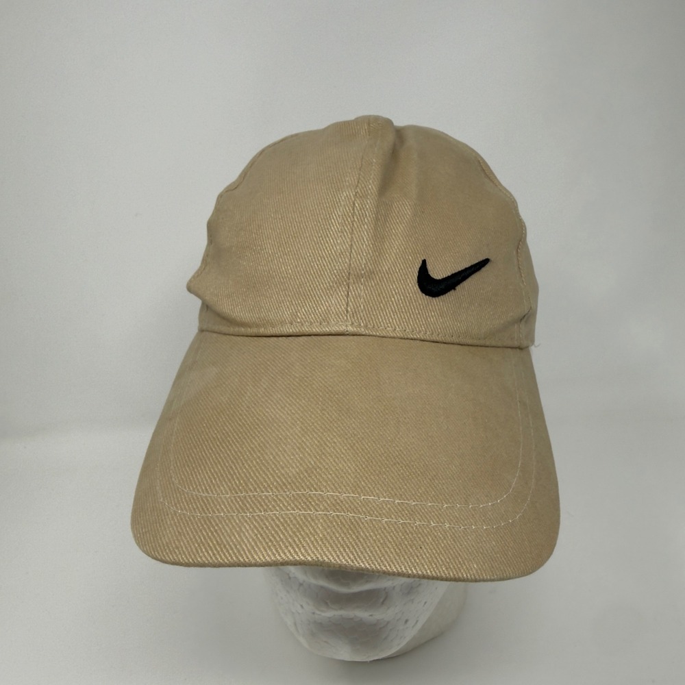 Vintage Nike Swoosh Hat Tan Khaki Made in Korea Adjustable Zip Strap Cap